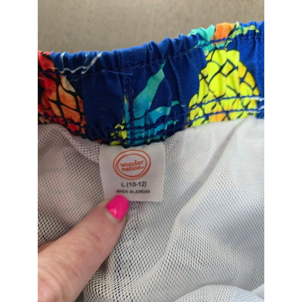 Wonder Nation Boys Pineapple Swim Trunks Blue Neon Multi Color Size L 10-12